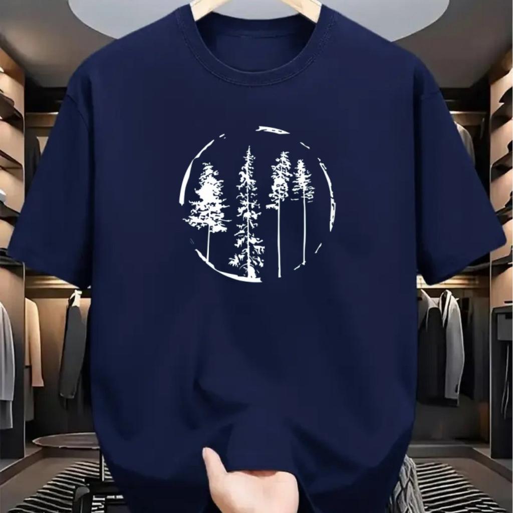 Męska Letnia 100% Bawełna Modna Casualowa Luźna Koszulka Top T-shirt ze Wzorem Drzewa Leśnego z Nadrukiem Sportowa Okrągły Dekolt Krótki Rękaw