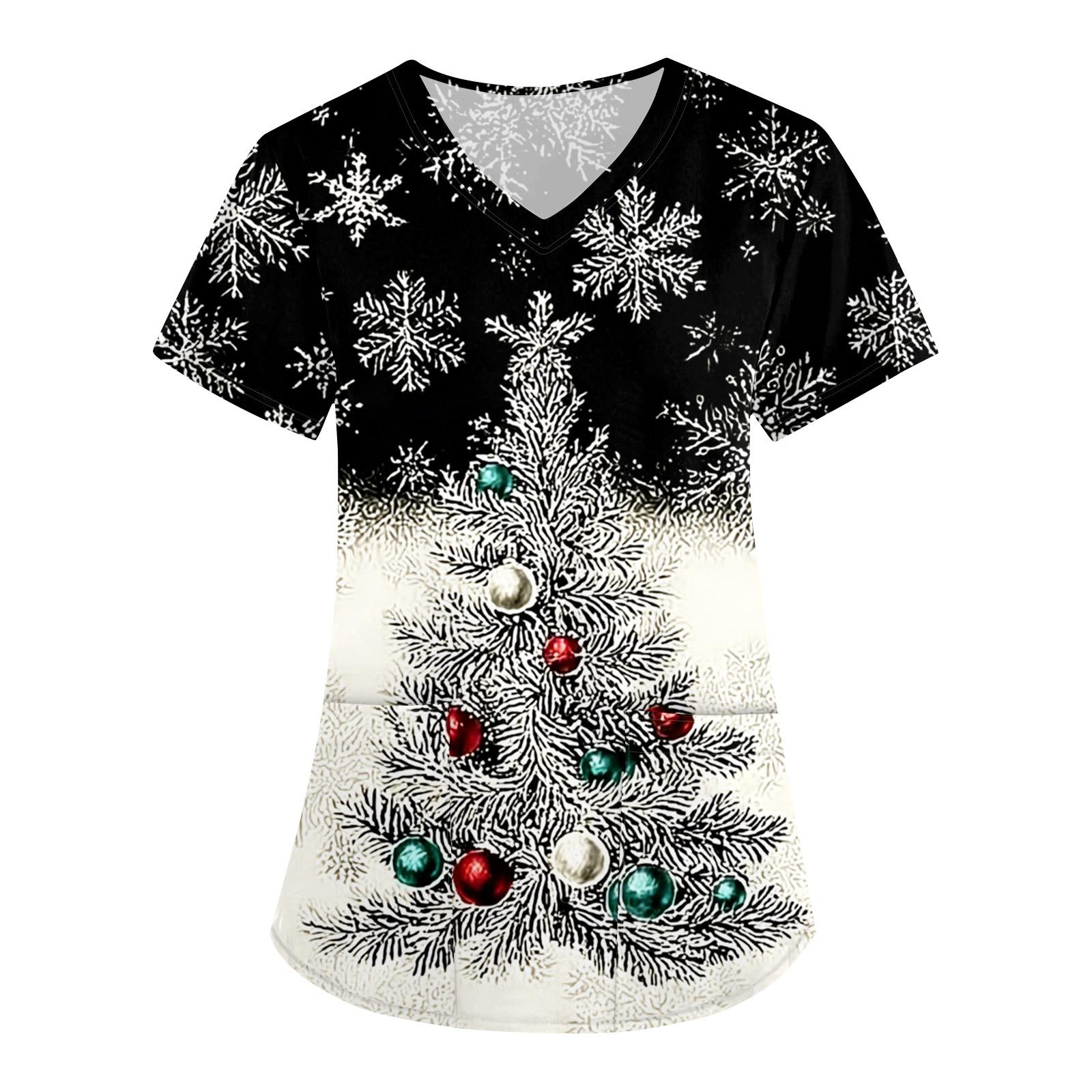 

Женская свободная униформа с V-образным вырезом, короткими рукавами и рождественским принтом M чёрный