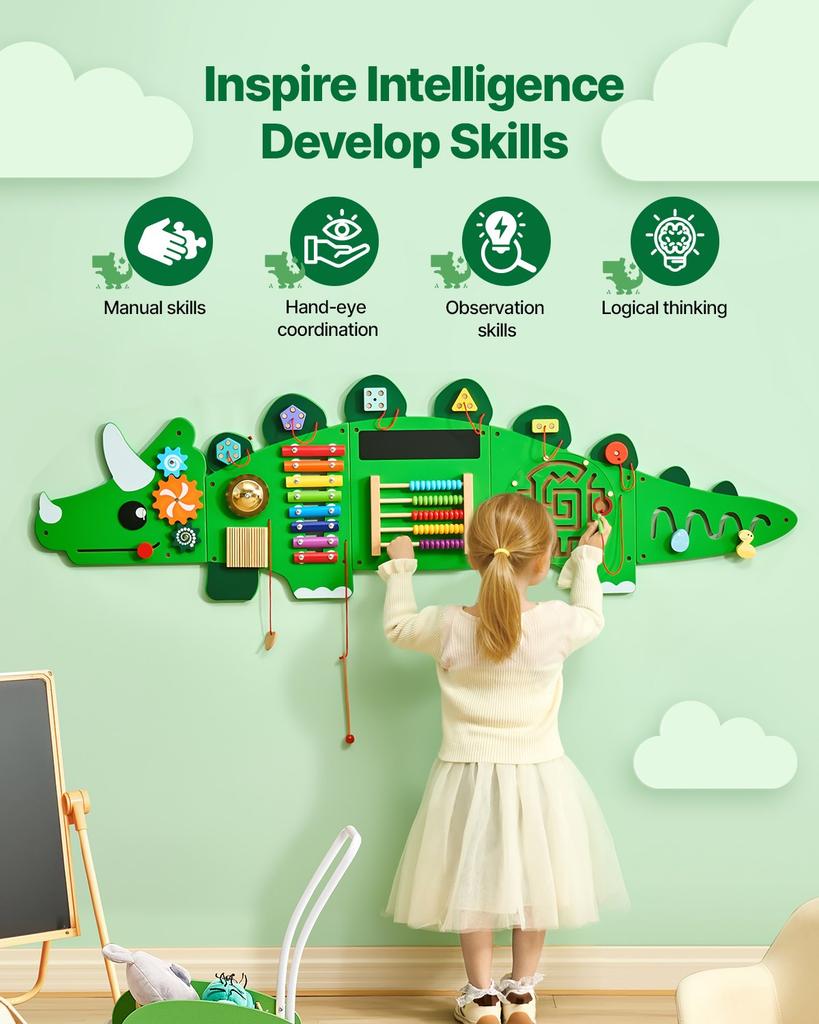 VEVOR Dinosaur Activity Wall Busy Board Panels, 11 Activities, Montessori Sensory Wall Toy for Kids 3-12 Years, Montessori Learning Activity Center