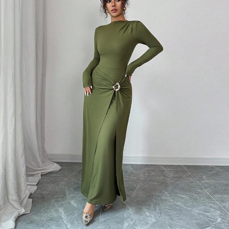 

European American Dress Solid Color Long-sleeved Bag Hip Skirt Knitted Stretch XL