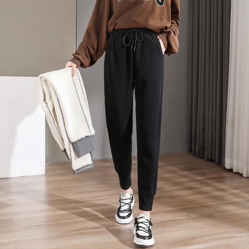 Autumn and Winter New Style Fleece-lined and Thickened Drawstring Pants for Outer Wear, High-waisted Drawstring Versatile Thermal Pants.