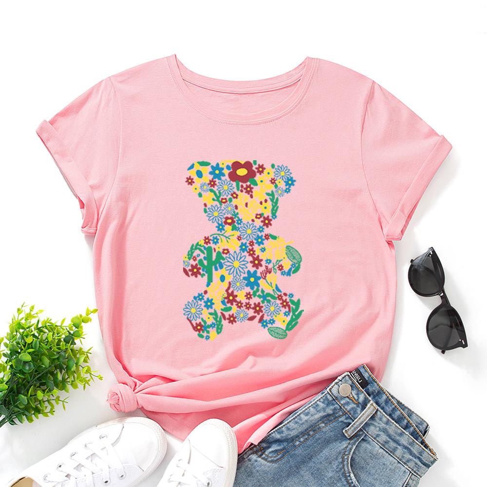 Fashion Cartoon Bear Cotton T-Shirt Short Sleeve Round Neck Women 2d Print Tops