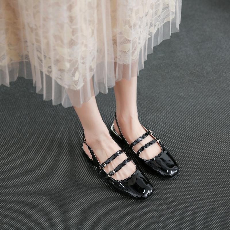 French Vintage Summe Patent Leather Shoes Low Heel Sandals Square Toe Mary Jane High Heels Ladies Double Buckle Elegant Sandals