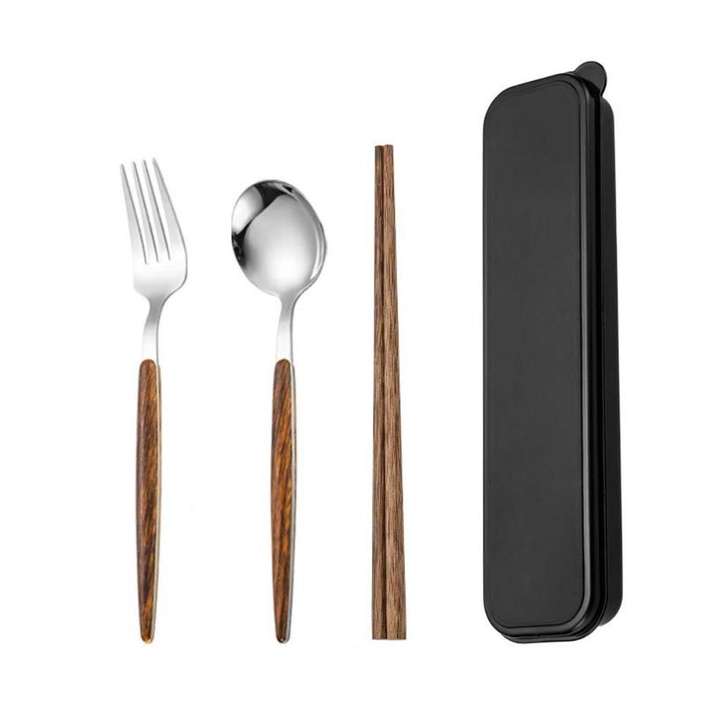 

4PCS/Set Wooden Handle Cutlery Set with Box Fork Spoon and Chopsticks Set Travel Style B