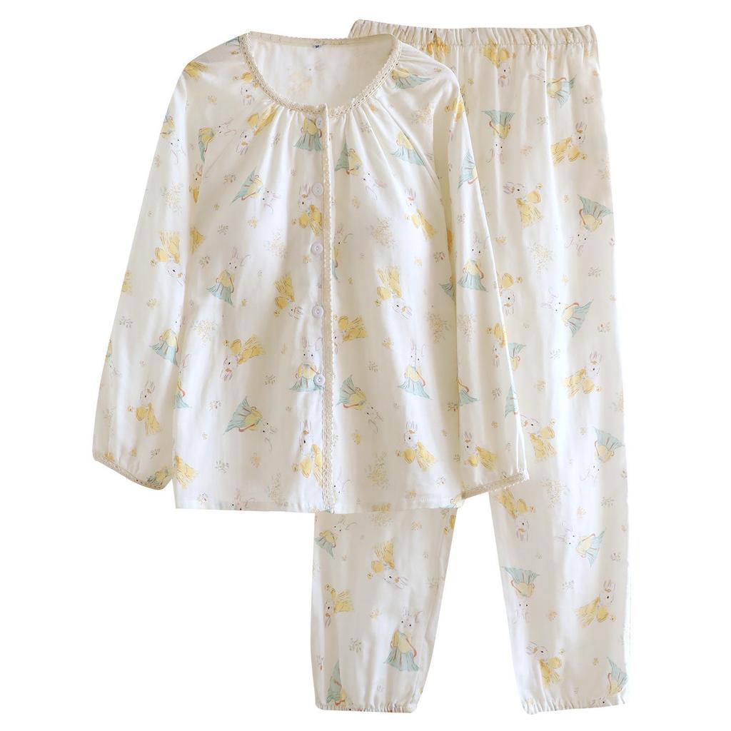 Women's Pure Cotton Pajamas with Chest Pads - Spring/Autumn Lightweight Long Sleeve and Pants with Pockets, Loose Fit for Home or Outdoor Wear
