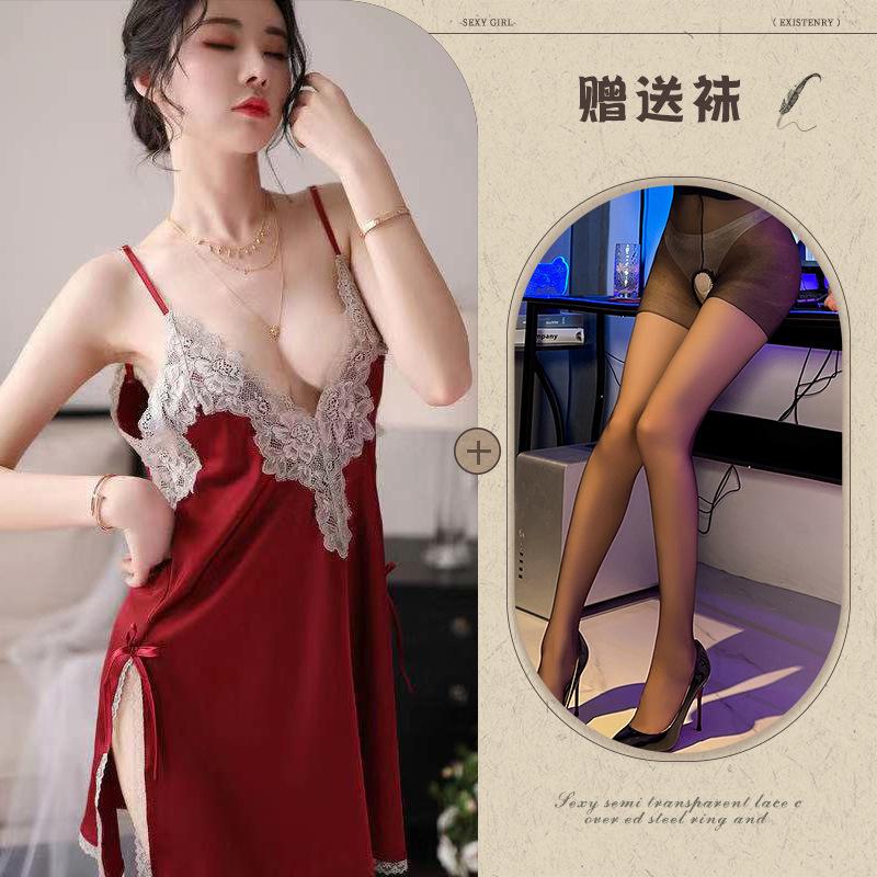 Fun underwear ice silk temptation sexy split-ended nightdress water-soluble flower hollow suspender pajama set