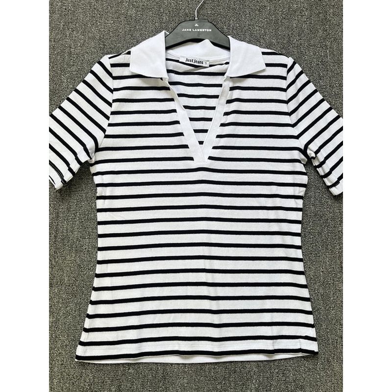 Genuine Export Surplus European and American Striped Stretchy Slim-Fit Comfortable Cotton Women's Summer Polo Collar Short-Sleeve T-Shirt