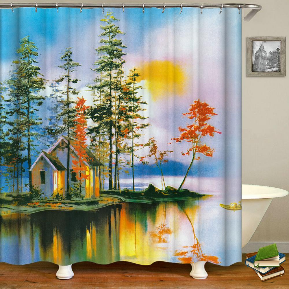 Rural Garden Scenery Shower Curtains Street Stone House Bathroom Curtain Waterproof Cloth Decoration Made Of Polyester Washroom Decor