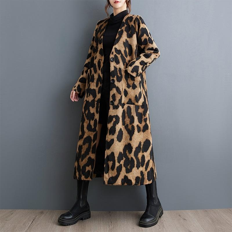 Oversized Vintage Leopard Casual Løs Lang Vår Høst Frakk for kvinner Jakke Klær Yttertøy