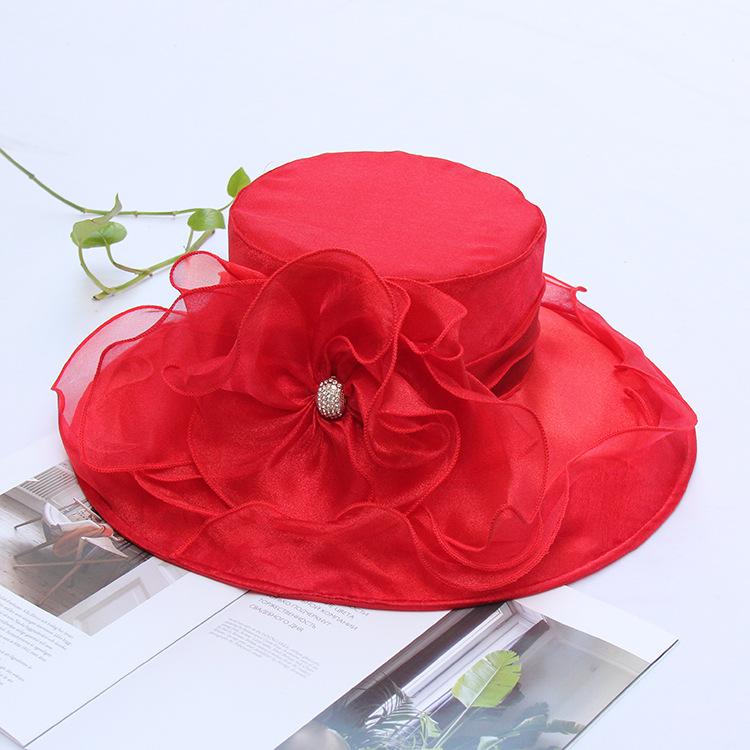 Sun Hat Women'S Summer Solid Color Flower Sun Hat Crystal Diamond Buckle Curled Top Hat Beach Hat