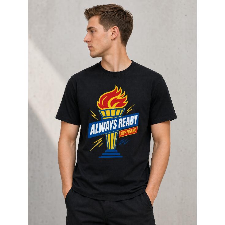 Men s Black Short Sleeve Crew Neck T-Shirt with Bold Flame Torch Graphic Print, Soft Cotton Feel, Motivational Always Ready Keep Pushing Design for S чёрный