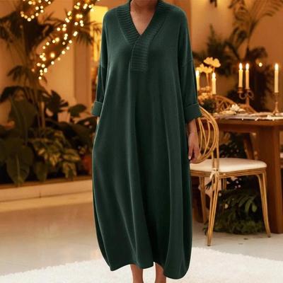 European Style Women's V-Neck Casual Knit Dress - Autumn/Winter Long Sleeve Solid Color Home Wear