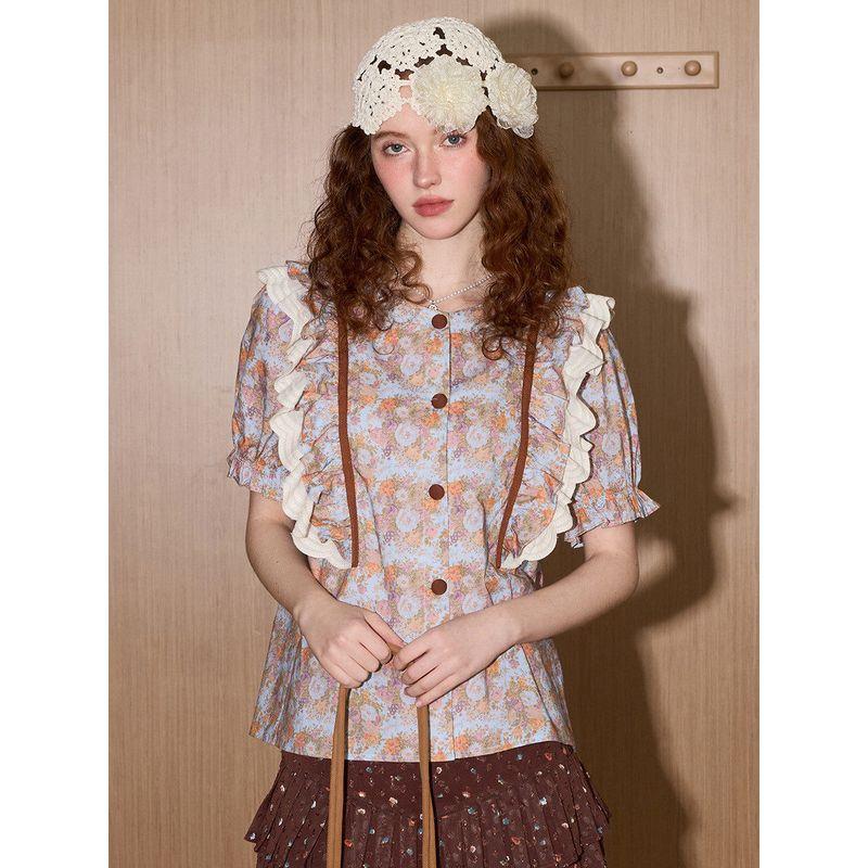 Coolhut American Retro Pastoral Style Puff Sleeves Floral Fresh Lace 2025 Summer Women's Shirt Pure Cotton