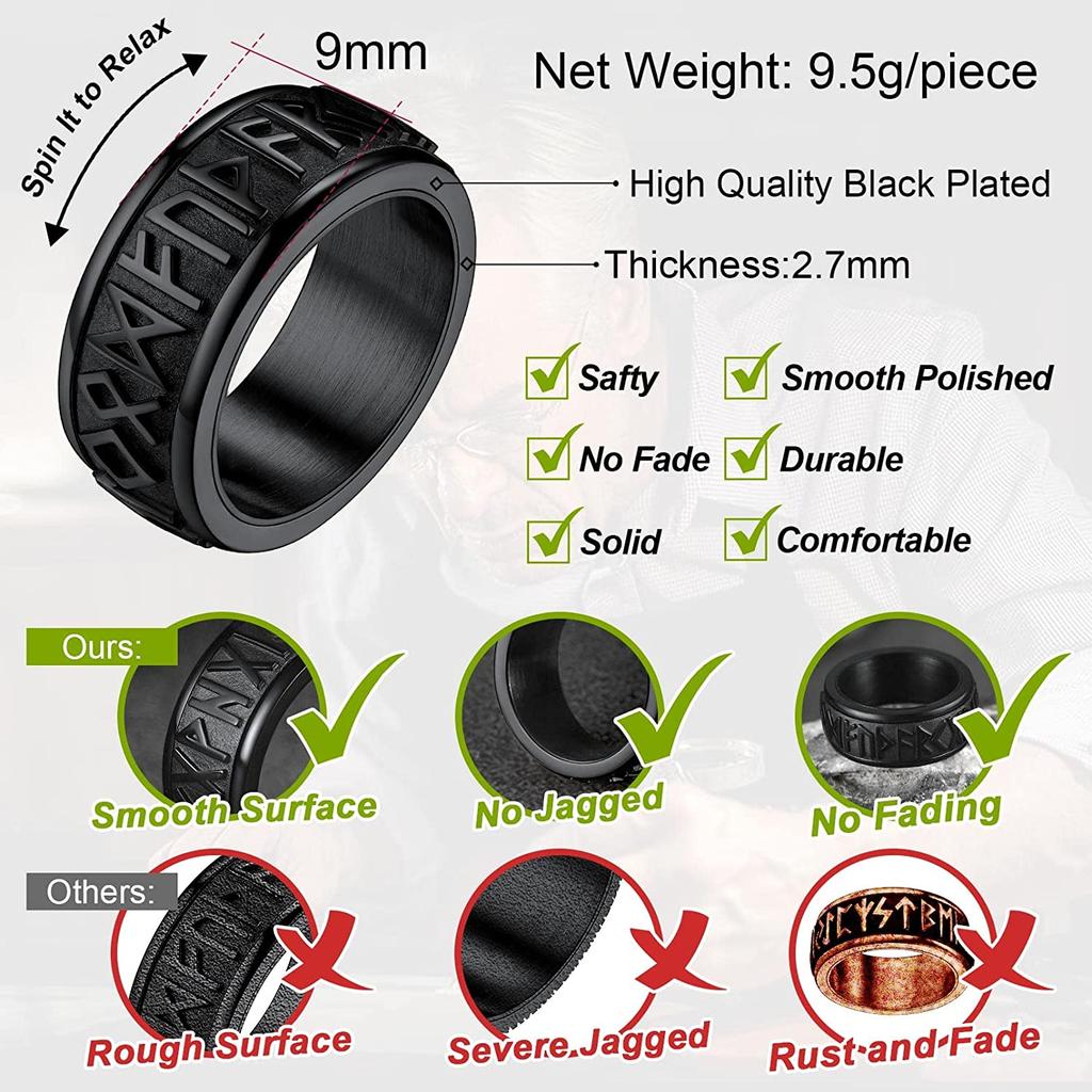U7 Stainless Steel Norse Runes Spinner Ring for Man Black Gold Color Rotatable Band Fidget Anxiety Release Unisex Jewelry