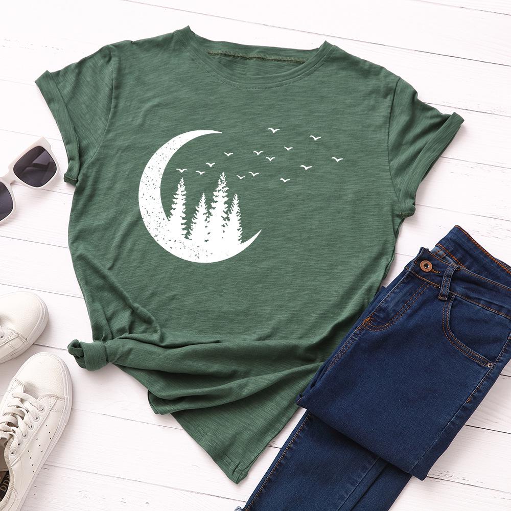 Starry Sky Moon Forest Pattern Cotton Loose Round Neck Short Sleeve Women's T-shirts