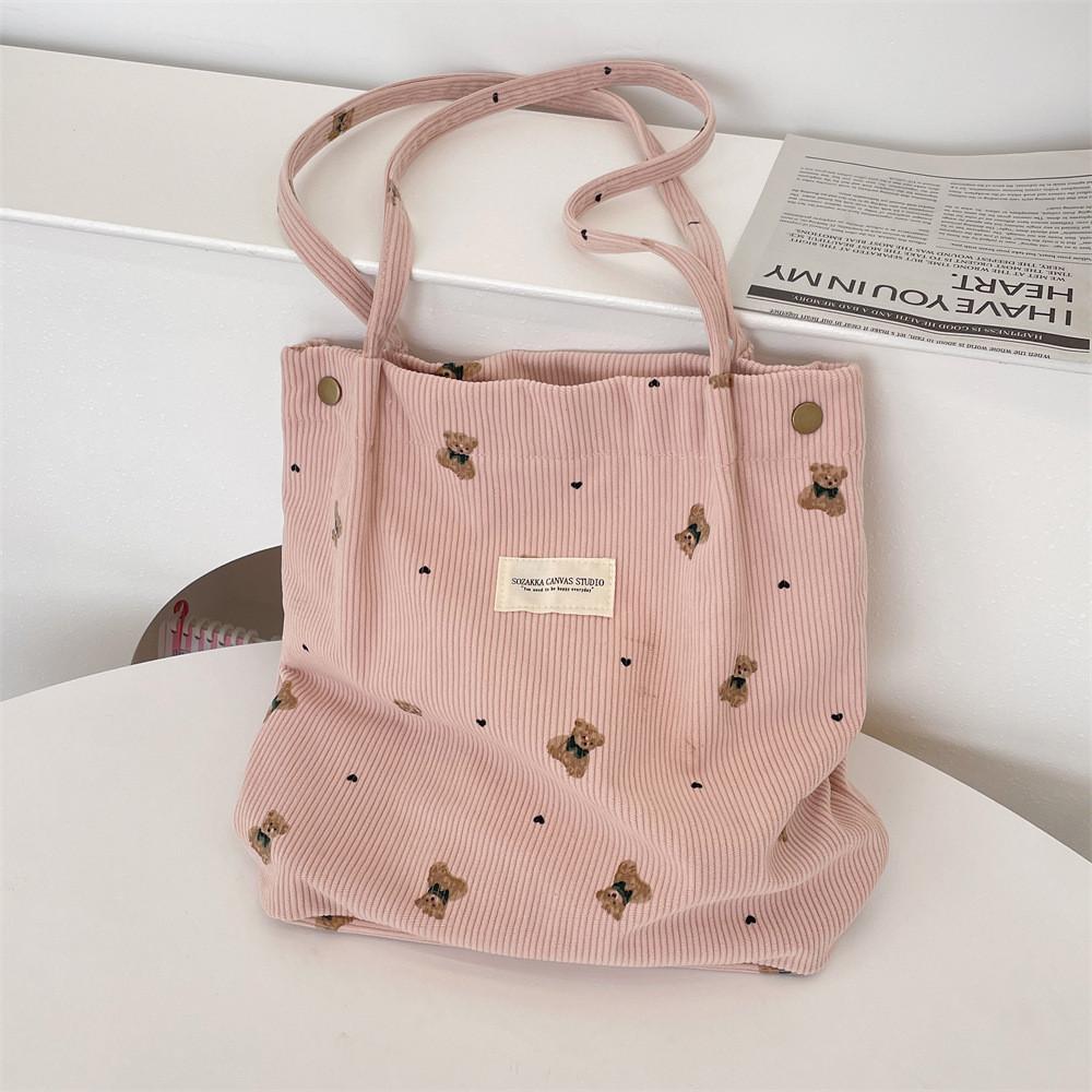 Adorable Corduroy Bear Print Canvas Tote Bag Spacious Soft Shoulder Bag For Students