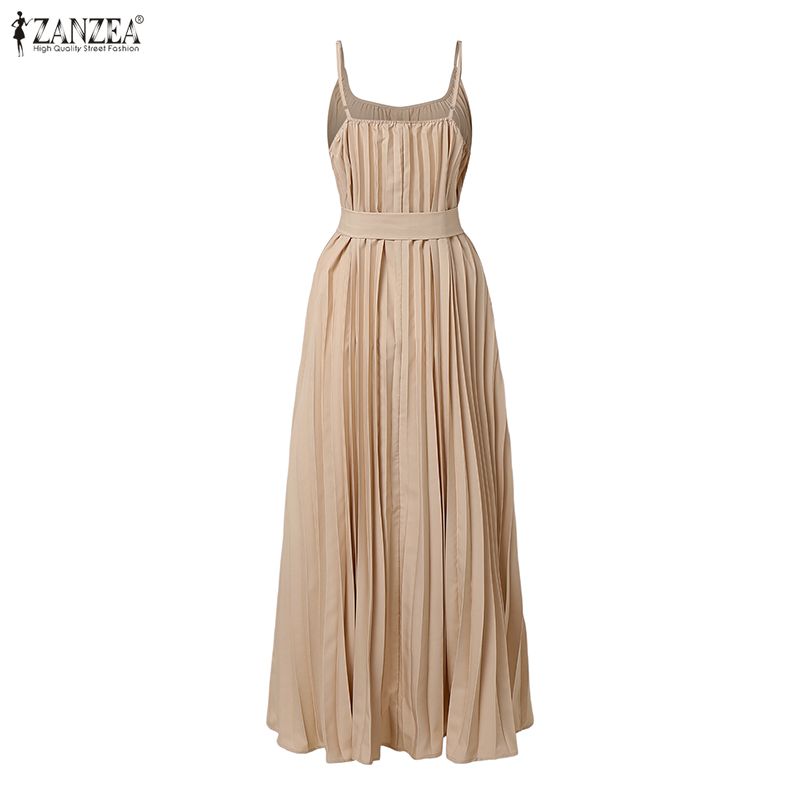 ZANZEA Bohemian Women Elegant V-Neck Straps Sleeveless Sling Long Dress