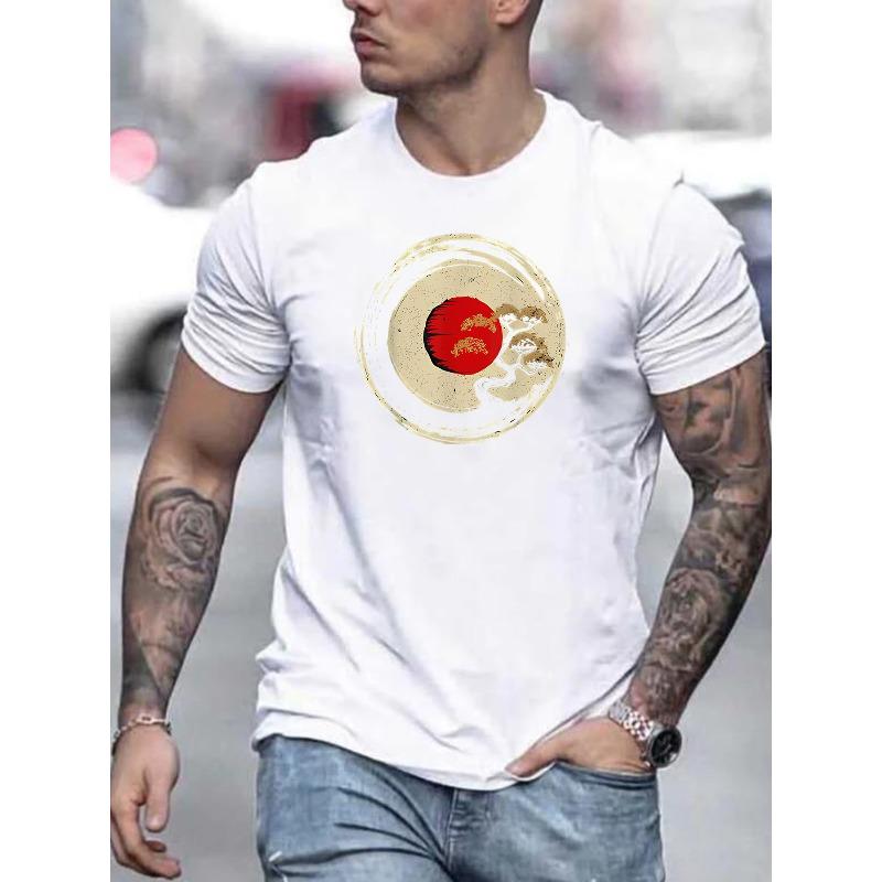 European Sizes Bonsai Tree Graphic Print, Men's Casual Comfy Short Sleeve Round Neck T-Shirt For Daily And Outdoor Wear