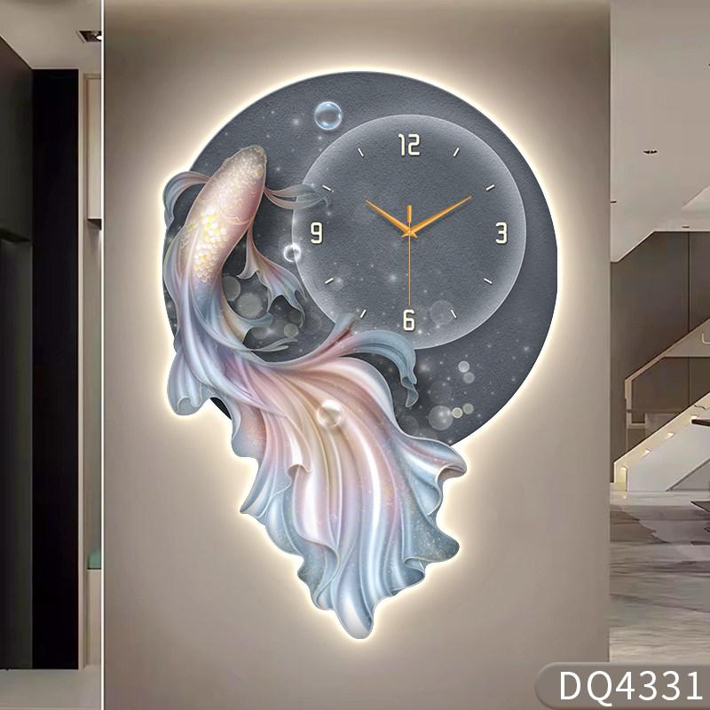 

Modern Luxury Wall Clock Restaurant Decor Painting New Year s Fish LED Mute Clock Corridor Wall Clock Mural Lights Room Decor (as the picture,42X60CM)