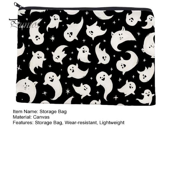 Large Capacity Pencil Bag Storage Bag, Halloween Pattern Print, Durable Canvas Zippered Clear Print Cosmetic Organizer Travel Toiletry Case,