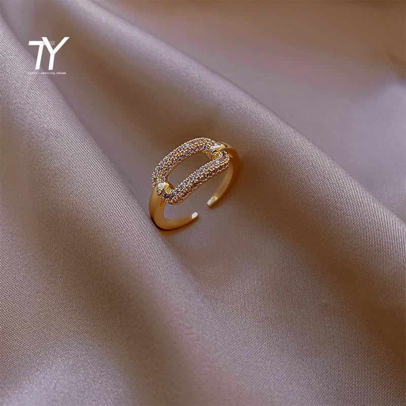 

New Goth Hollow Out Square Metal Gold Color Zircon Open Ring For Woman Fashion Shining Jewelry Student Party Luxury Unusual Ring resizable&Gold-color