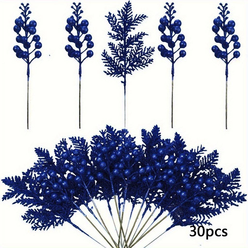 Artificial Pine Needles with Glitter Berry Stems Vibrant Red Green Plastic Christmas Branches for DIY Holiday Decor, Tree Wreath, Vase Centerpieces