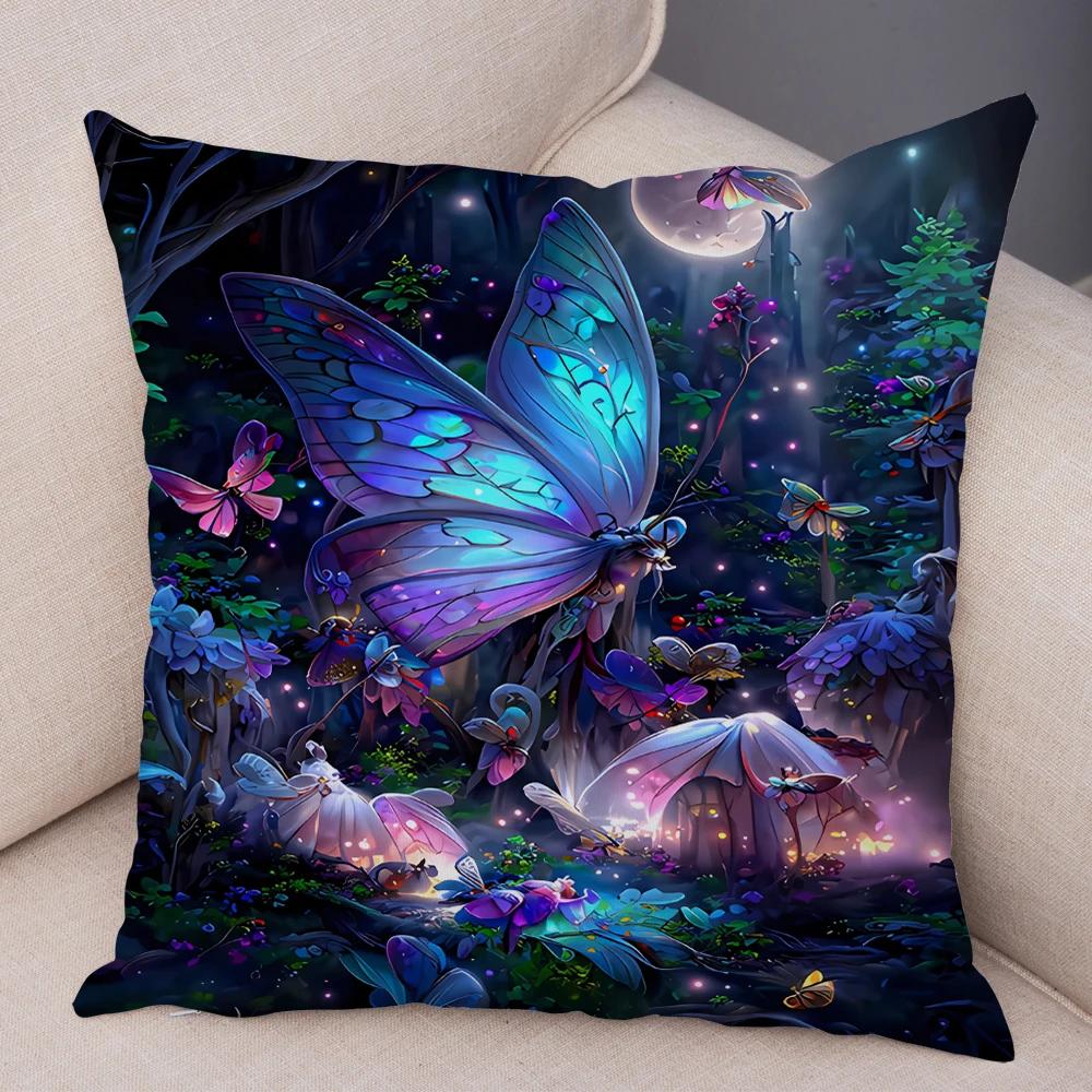 Tecknad Blomma Fjäril Djur Kuddfodral Dekor Blomma Kuddfodral för Soffa Hem Bil Fantasi Skog Mjuk Plysch Kuddfodral