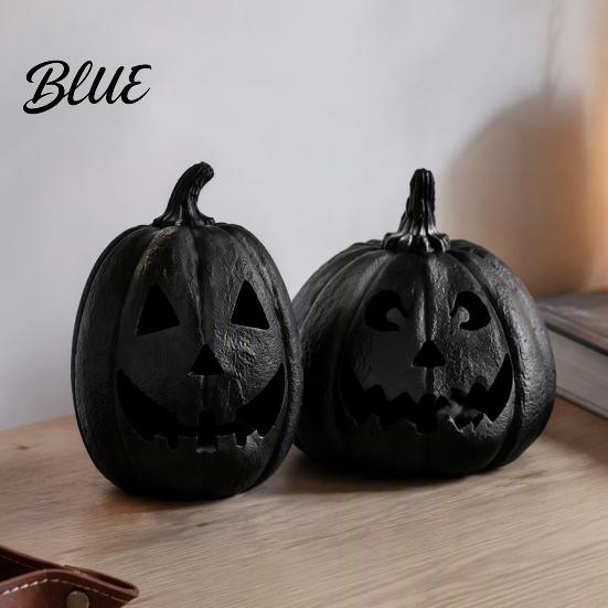 Matte Black Resin Statue Halloween Pumpkin Figurine Spooky Face Sculpture Festival Display Ornament Gothic Tabletop Centerpiece for Home Table