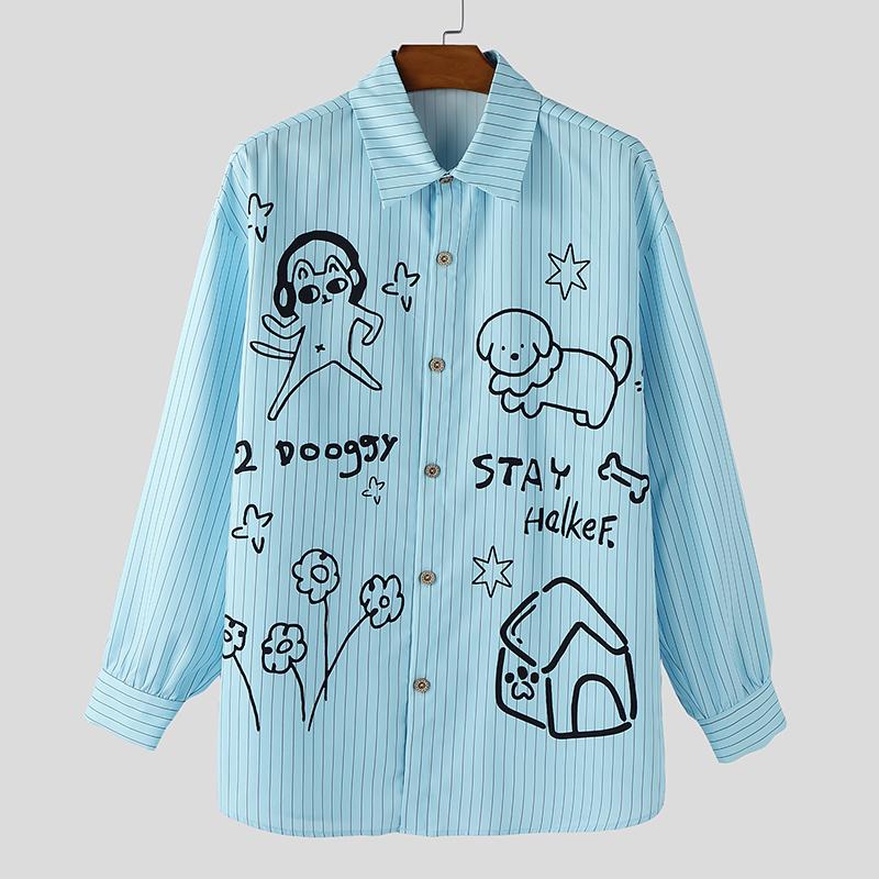 INCERUN S-5XL Men Lapel Neck Long Sleeve Cute Print Casual Loose Oversized Tops Shirts