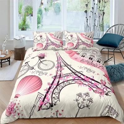 Duvet Cover Eiffel Tower Romantic Couple Flower King Comforter Cover Microfiber France Paris Cityscape Bedding Set for Teen