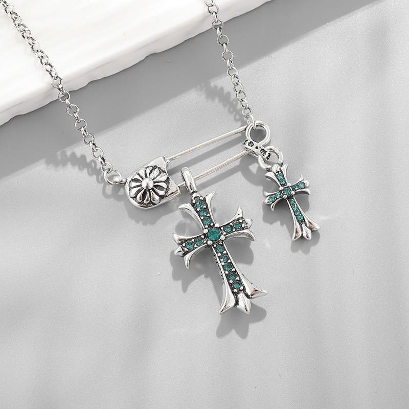 Kroxin Guld & Silver Vintage Kors Hänghalsband med Diamantbrosch - Hip Hop Trendig Par Kedja