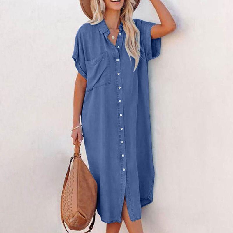 

Solid Color Lapel Slim Shirt Dress Solid Color Polo Collar Split Shirt Dress Blue M