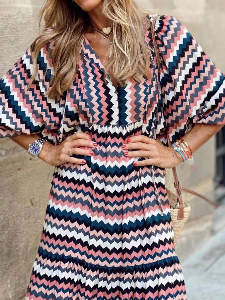 2022 Summer Trendy Geometric Puff Sleeve Dress, Plus Size Women's Fashion.