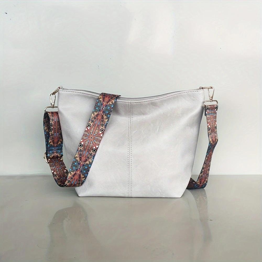 Fashionable wide shoulder strap shoulder bag, retro PU leather women's crossbody bag, casual bucket bag
