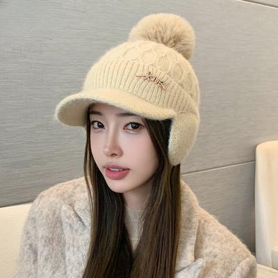 Autumn and Winter Velvet Warm Solid Color Women's Ear Protection Wool Hat Cute Hairball Short Along Korean Version Baseball Hat