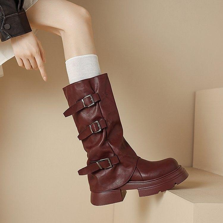 Retro Versatile Trend Fashion Thick Leg Boots 2025 Autumn New Cowboy Knight Boots Trousers Stacked Boots Women