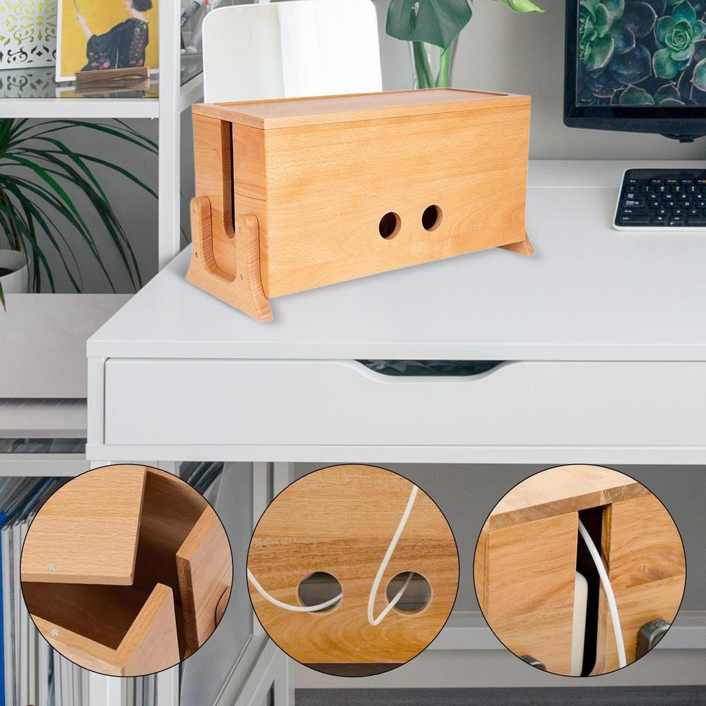 Wooden Cable Management Box Container Case Rectangle Holder Cord Organizer Desk Storage for Living