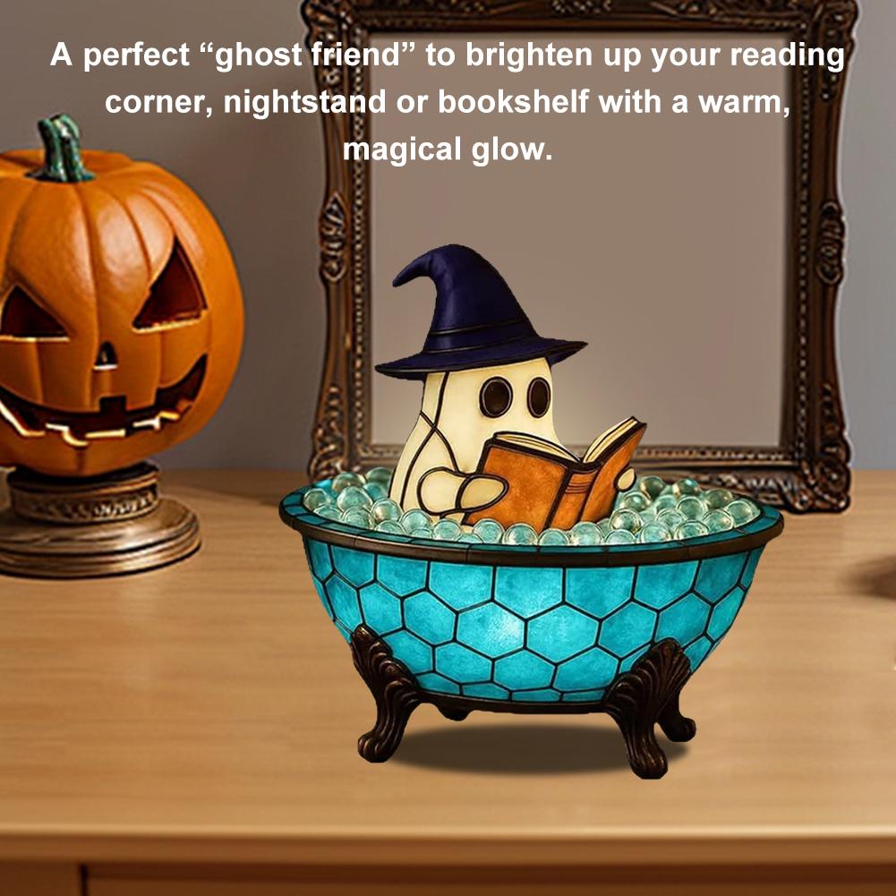 Halloween Cute LED Resin Lamp Light-Indoor Figurine Lamps Reading Book Ghost Lights for Halloween Party Gift