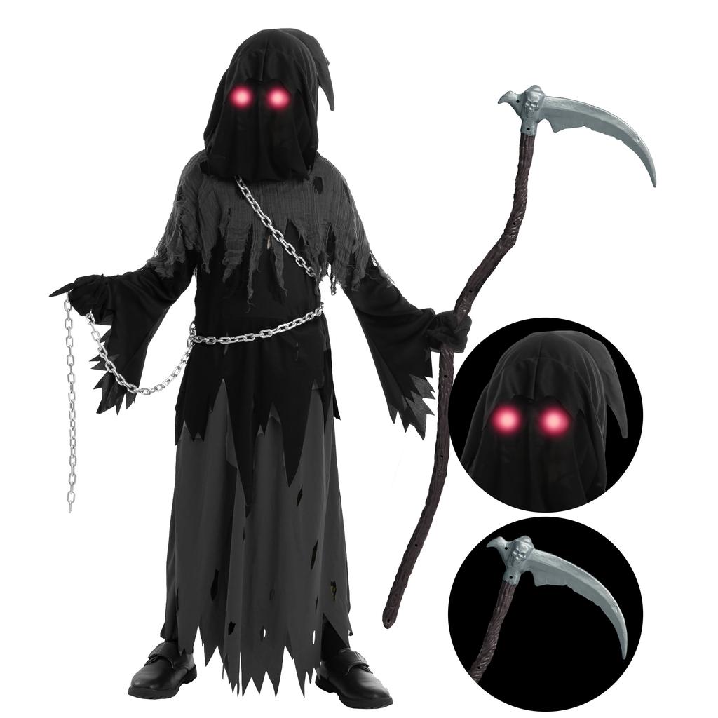 Joyfy Child Glowing Eyes Grim Reaper Costume, Phantom Costume for Kids Halloween Fancy Dress Up 5-12 Years