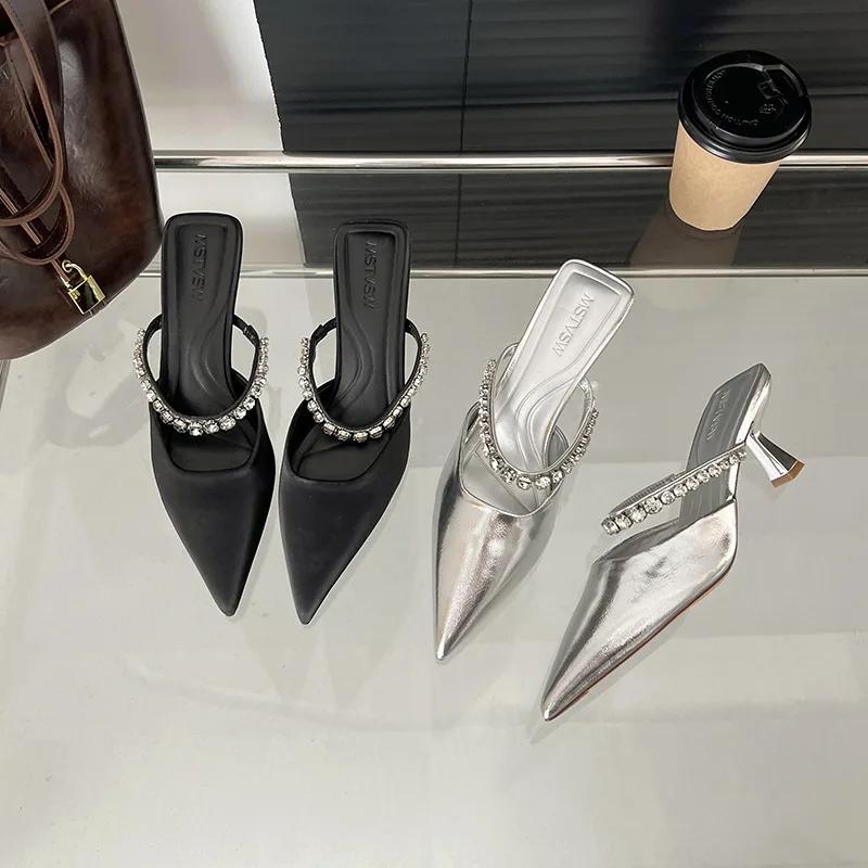 Fashion 2025 Spring New Female Black Satin Rhinester Bright High Heels Pointed Head After Empty Fashion Slippers Sandalias Mujer