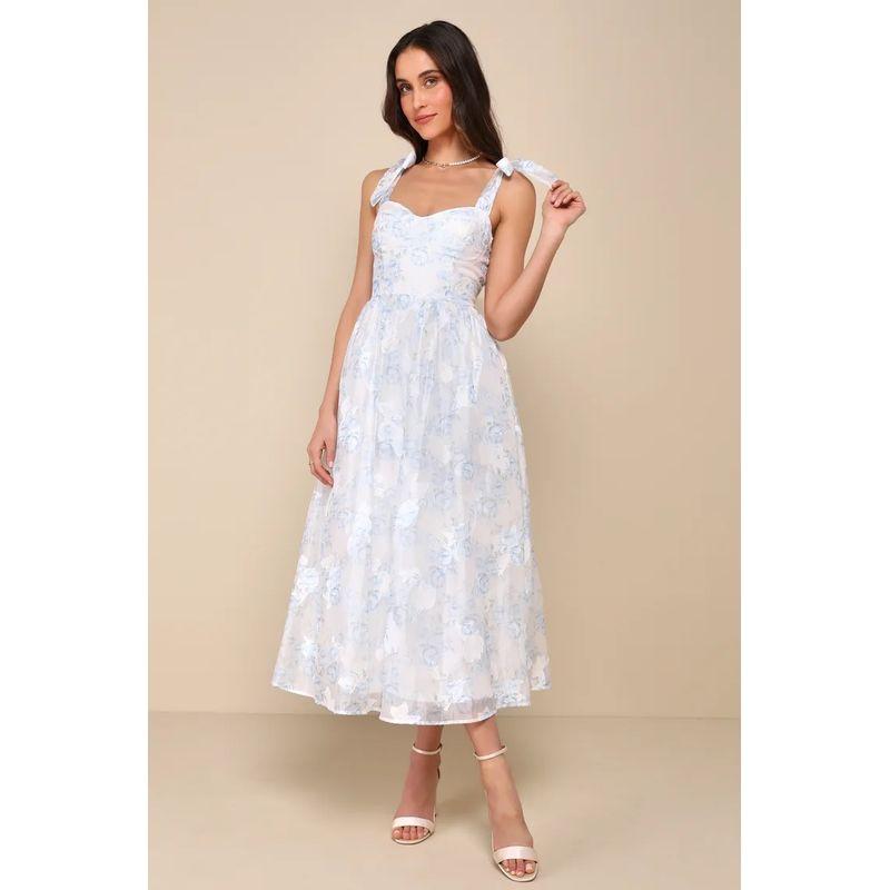 

Заказ внешней торговли Платье в стиле Lu Girl Сине-белое Тихуа Сетчатый бандаж Дизайн с бантом Отпуск Длинное платье Blue and White M