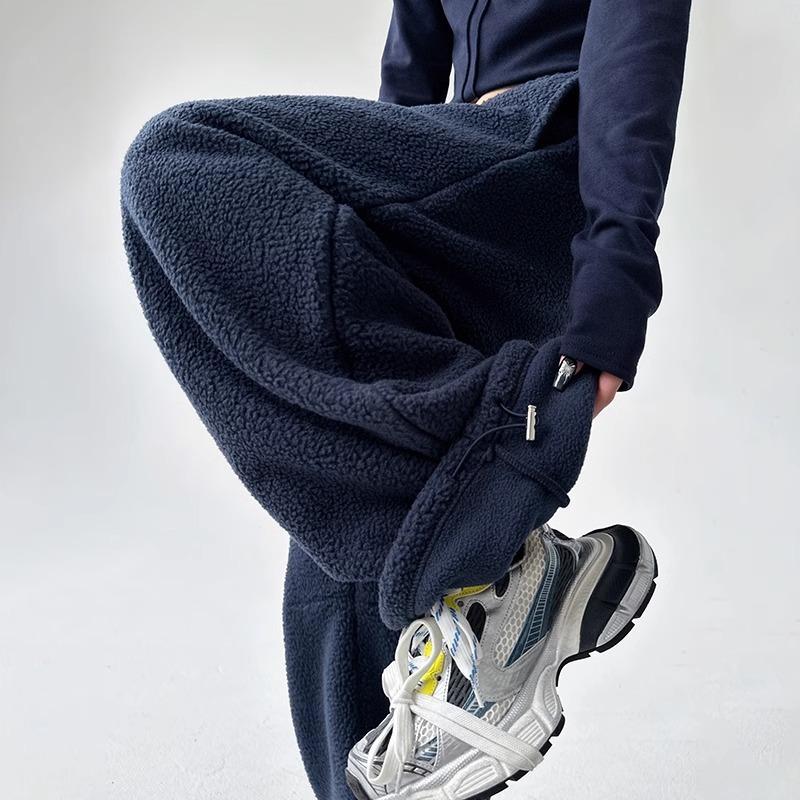 Simple Women's Thickened Pants Elastic Waist Polar Fleece Drawstring Straight Bottom Wide Leg Female Trousers Autumn Winter