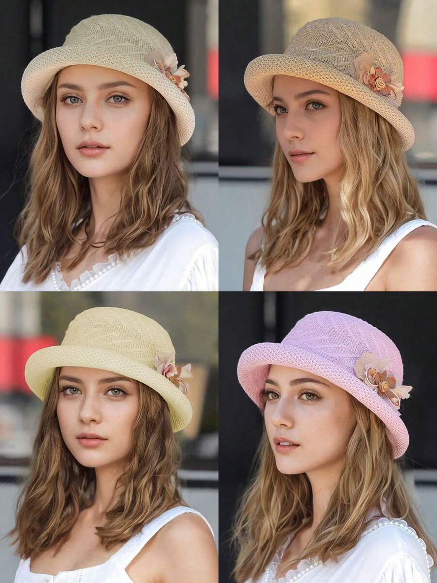 Zealous Sole Women's Pink Elegant Retro 3D Floral Decor Rolled Brim Straw Hat Lightweight Hollow Crochet Bucket Hat Sun Protection Hat