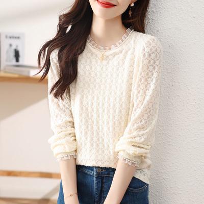 Elegante Blusa de Encaje Tejido Jacquard Primavera Otoño Casual Color Sólido Ropa de Mujer Cuello Redondo Versátil Chic Camisa con Cuentas Nueva