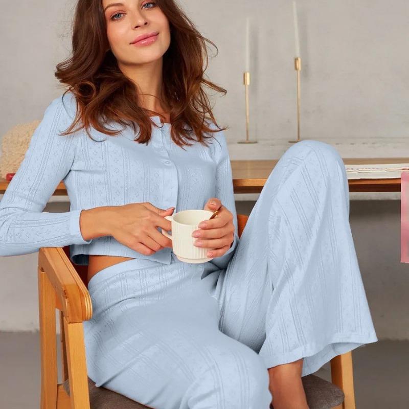 Women Long Sleeve Long Pants Hollow Out Jacquard Home Wear Pajama Set