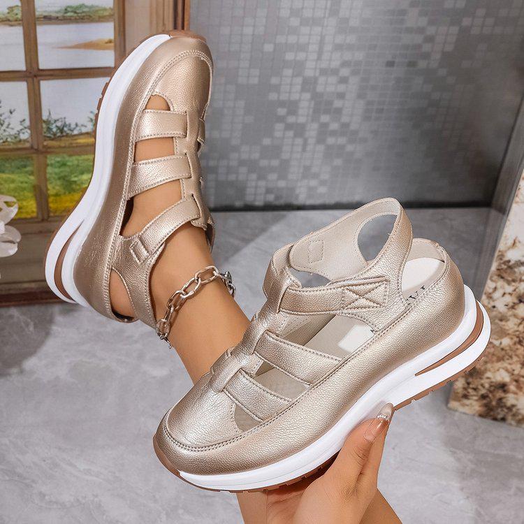 2025 Summer Women's Platform Closed-Toe Wedge Sandals, Breathable, Hollow Design, Plus Size 43, Thick Sole, Velcro Closure