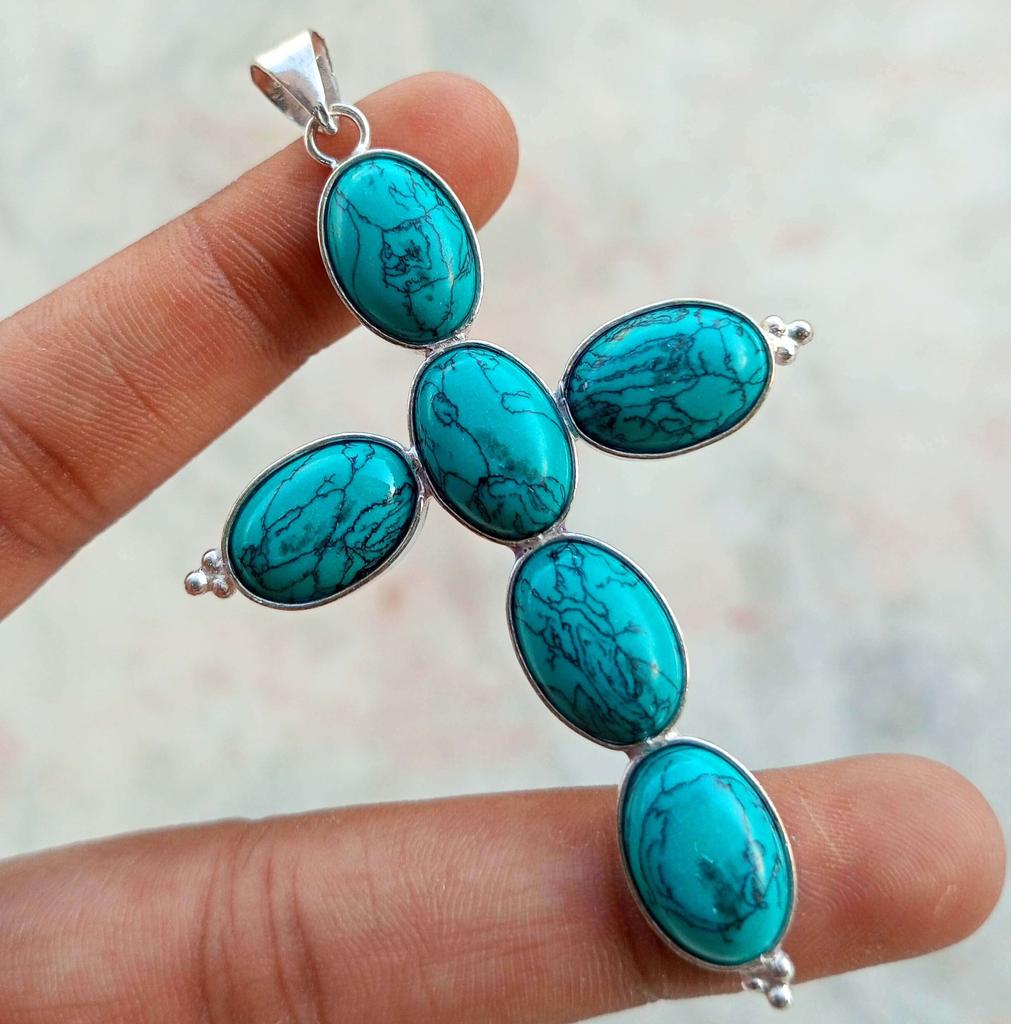 Turquoise Gemstone 925 Sterling Silver Plated Gifted Cross Shape Pendant Jewelry NST-J2H6340