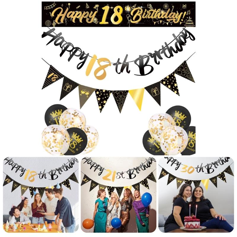 Birthday Balloons Set Black Gold Latex and Confettied Balloons Flags Banners for Men Party Decorations