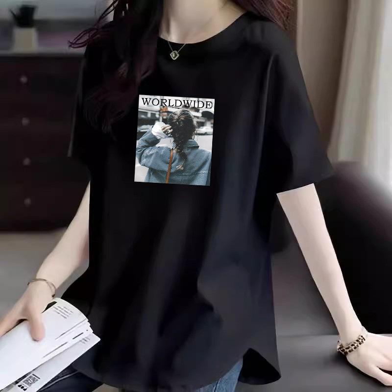 2025 Women's American Style Pure Cotton Loose Mid-Length Straight Shoulder Half Sleeve Summer T-Shirt