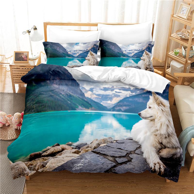 Dog Duvet Cover Set White Dog Animals Pattern Cute Kawaii Polyester Comforter Cover King Queen Size For Boys Girls Bedding Set